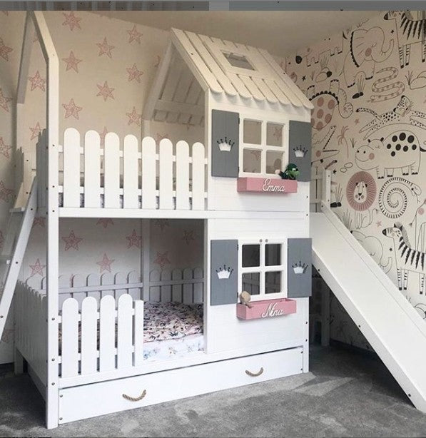 Unik våningssäng TRISTAN för 2 barn med rutschkana