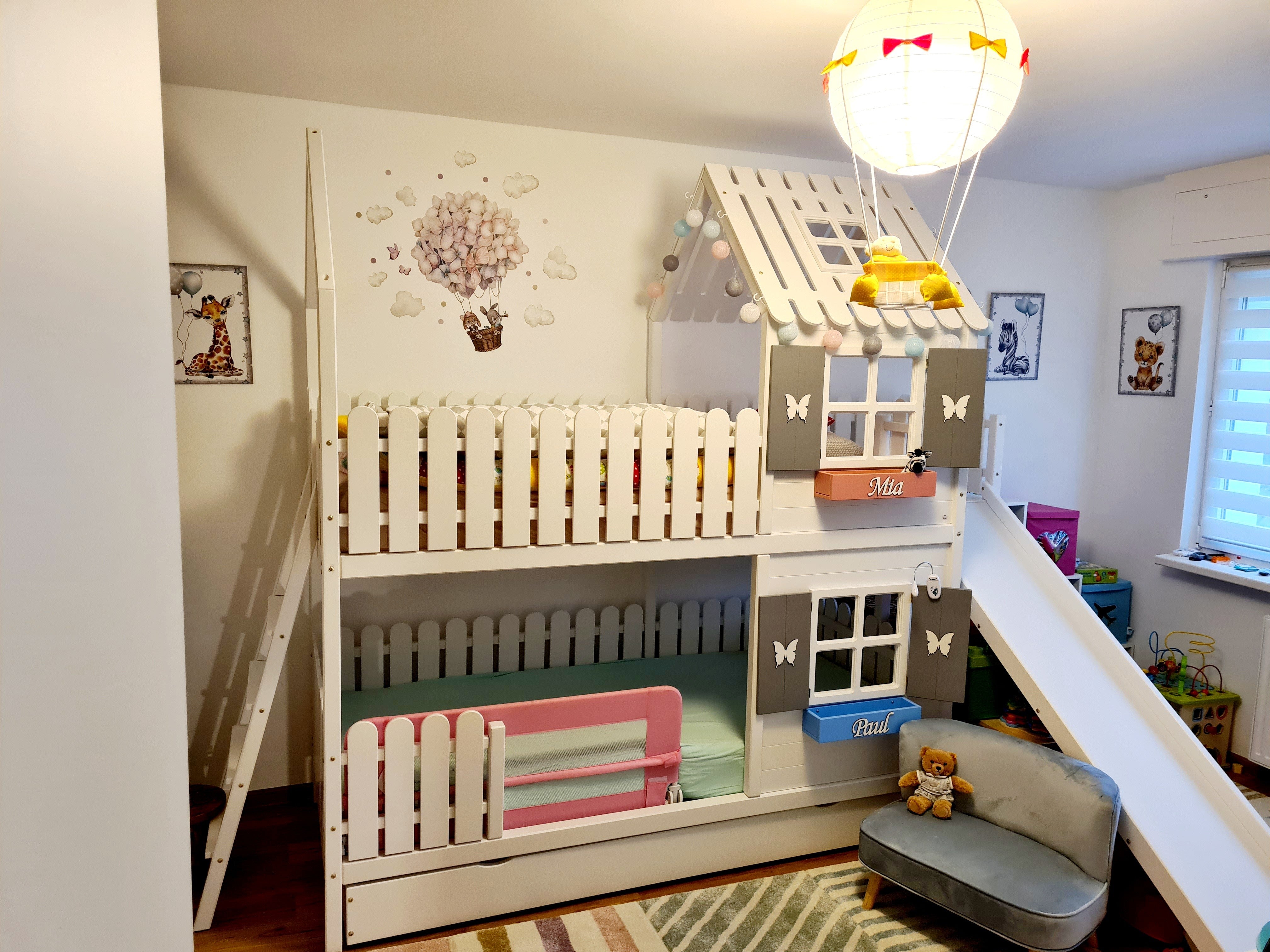 Unik våningssäng TRISTAN för 2 barn med rutschkana