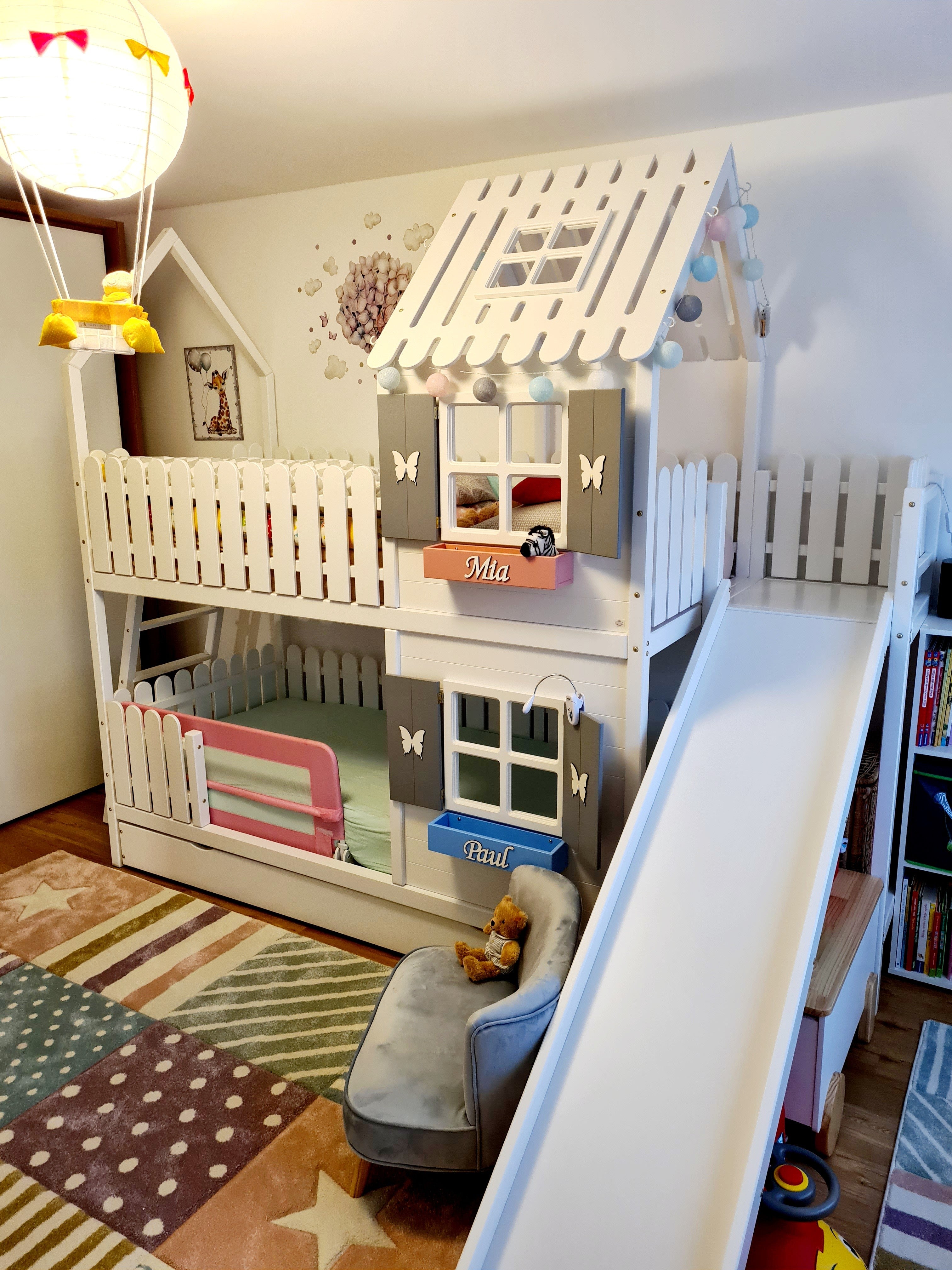 Unik våningssäng TRISTAN för 2 barn med rutschkana