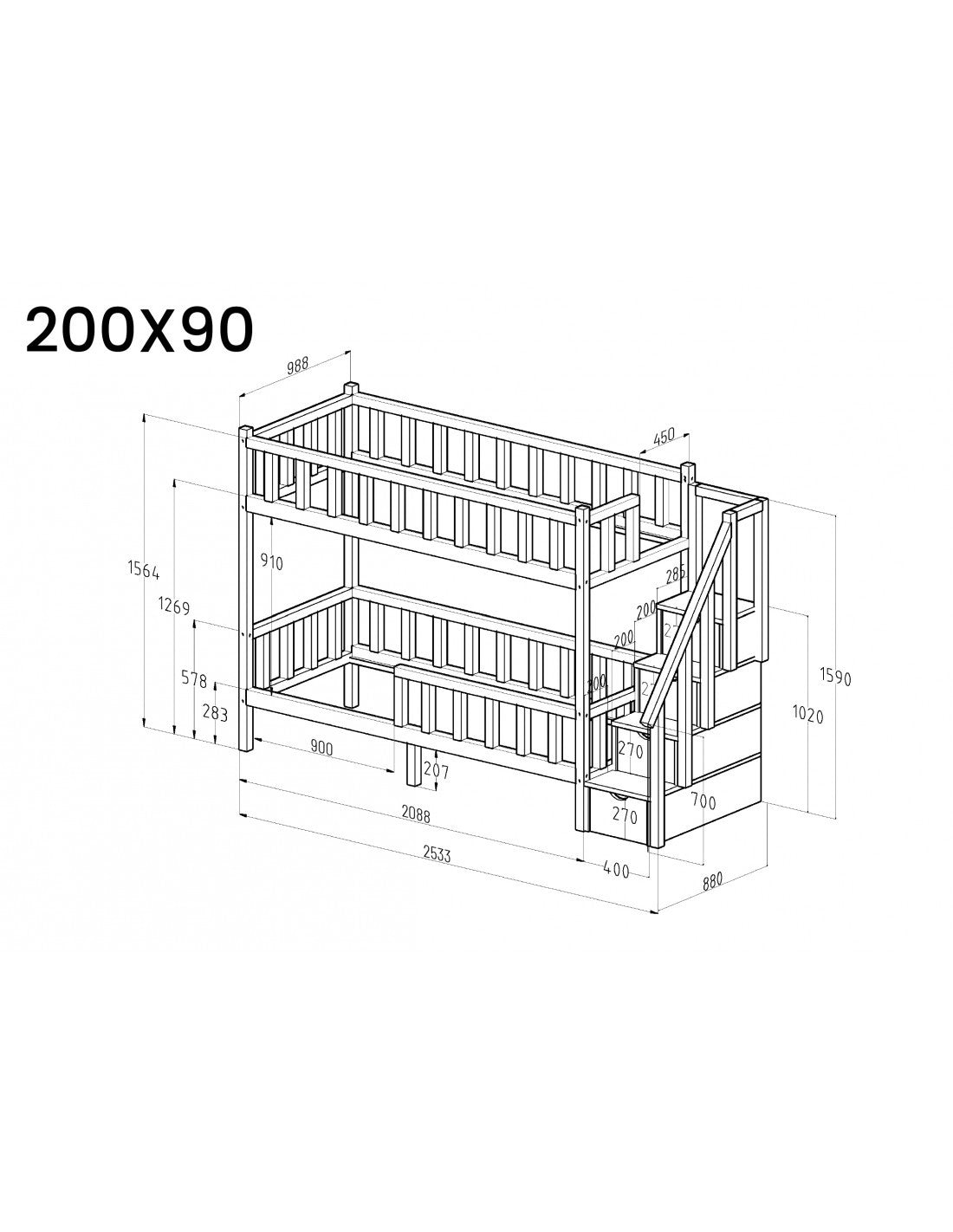 Filip bunk bed with steps - side entrance