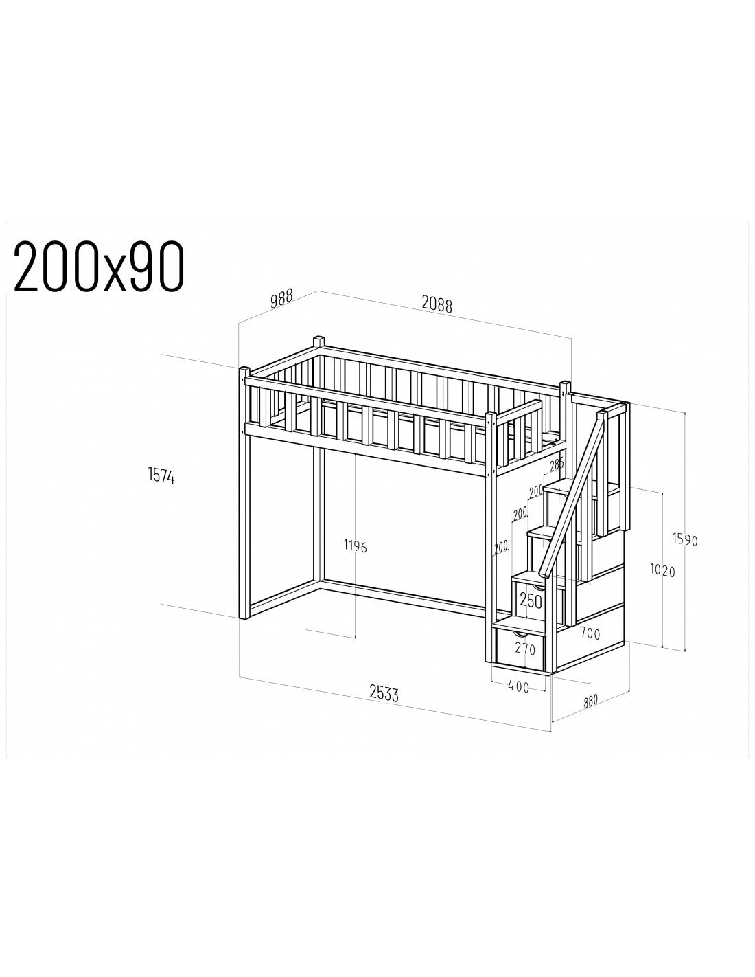 Filip loft bed with steps - side entrance