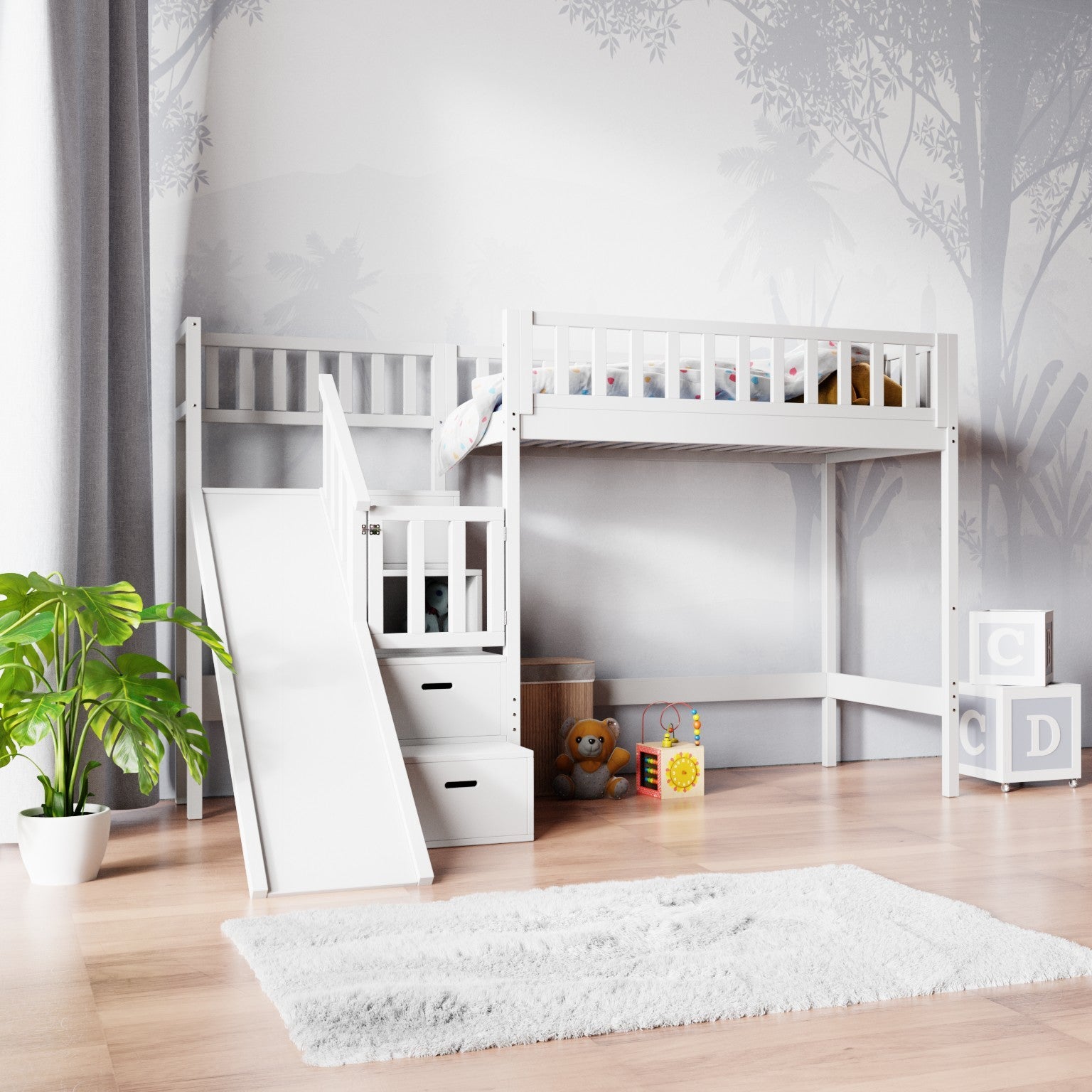Lit mezzanine LUCY avec toboggan et escalier