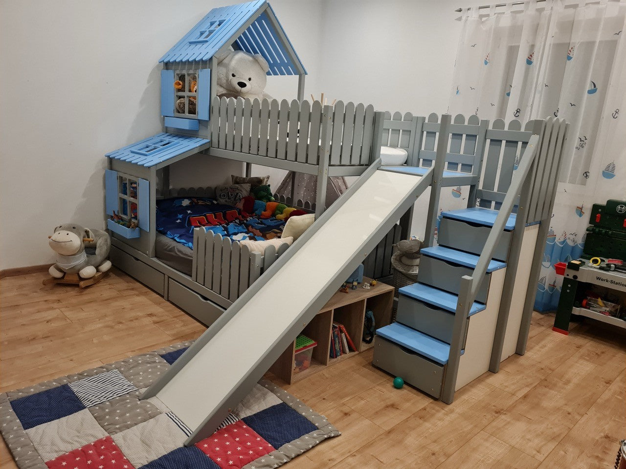 Hausbett Baumhaus Etagenbett mit Stufen und Rutsche JANNE