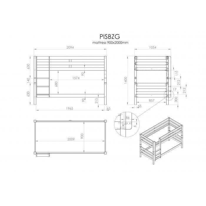 Kid's bunk bed Pino in white, 140 cm high