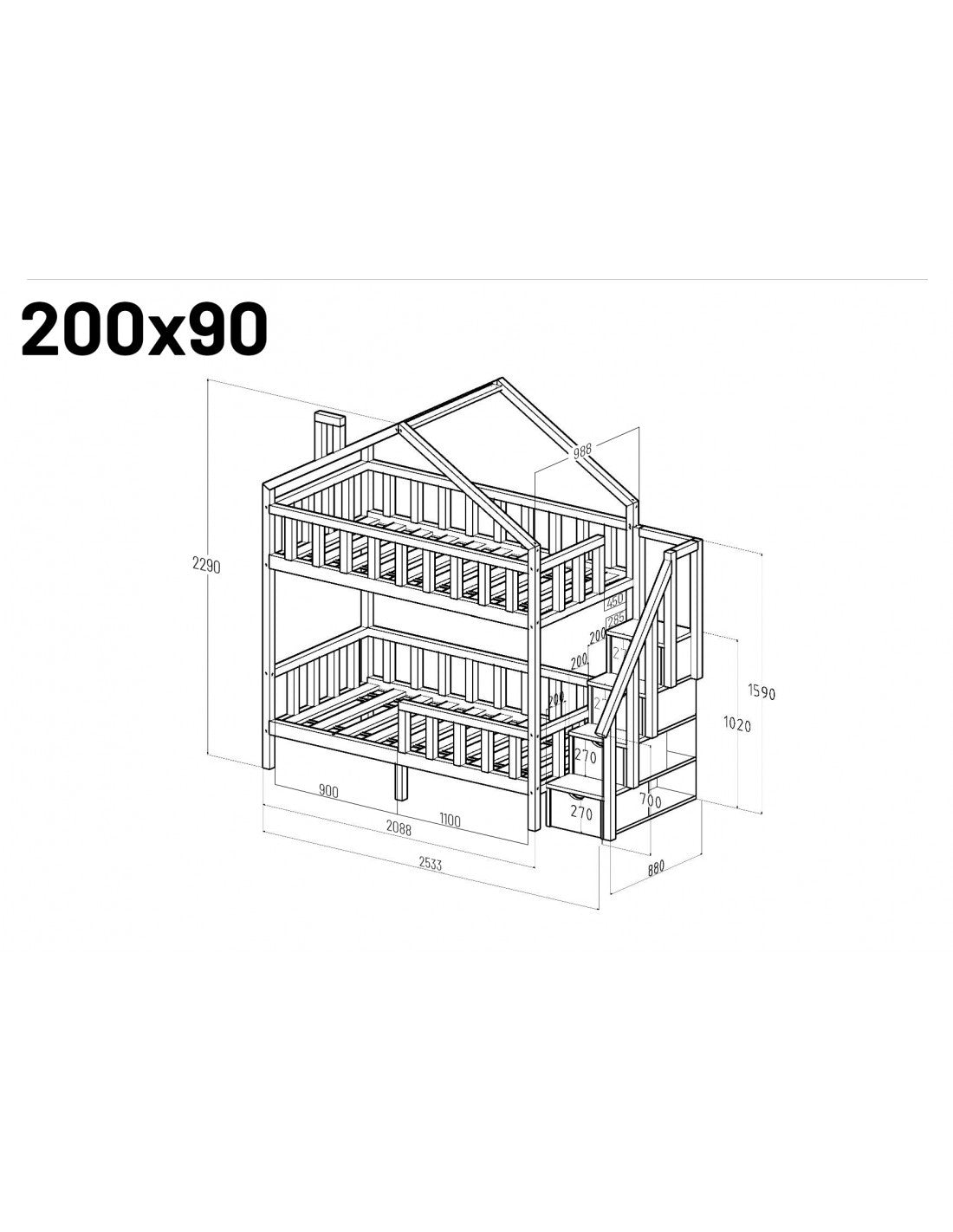 Starlight bunk bed with steps and slide- side entrance