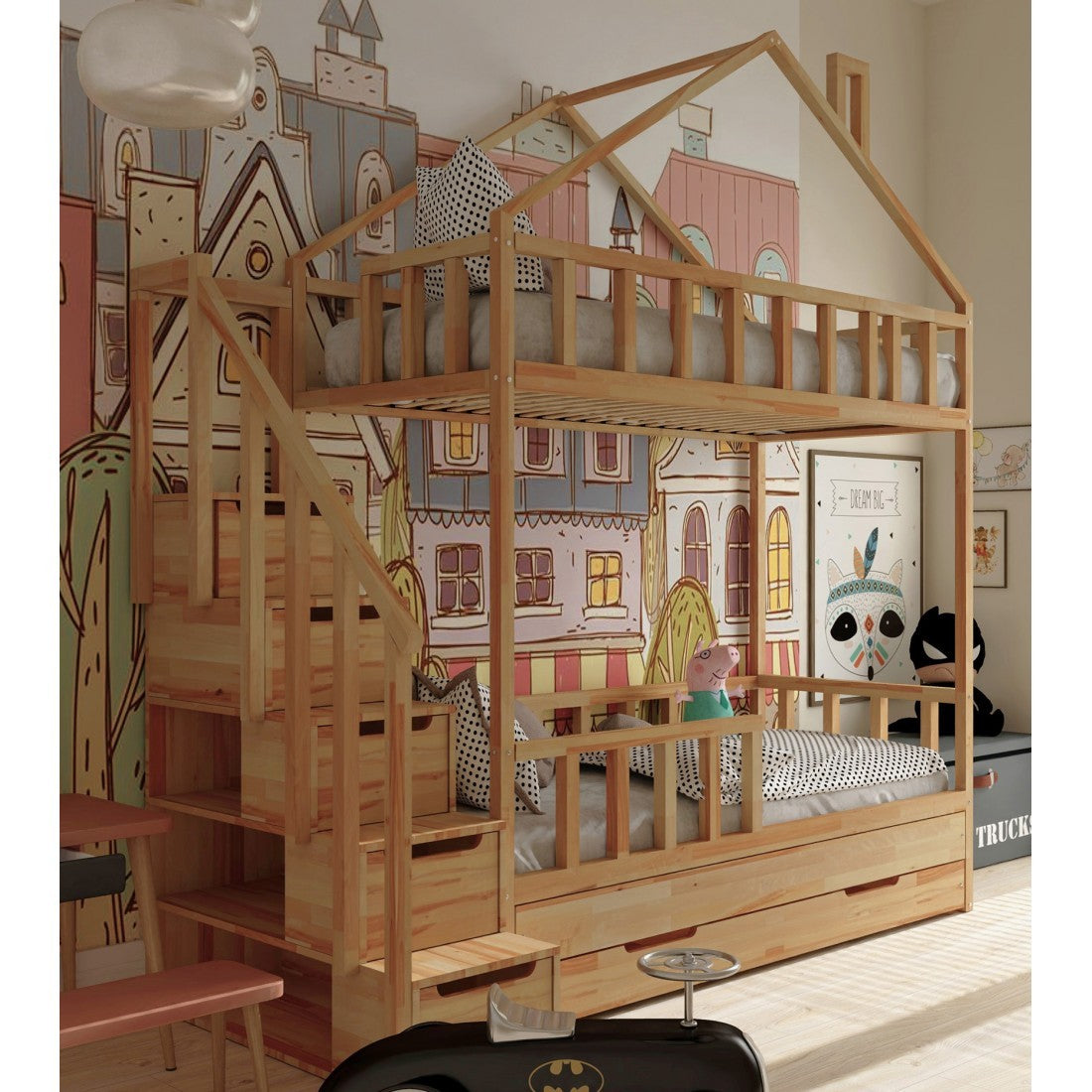 Starlight bunk bed for 3 kids with steps - side entrance