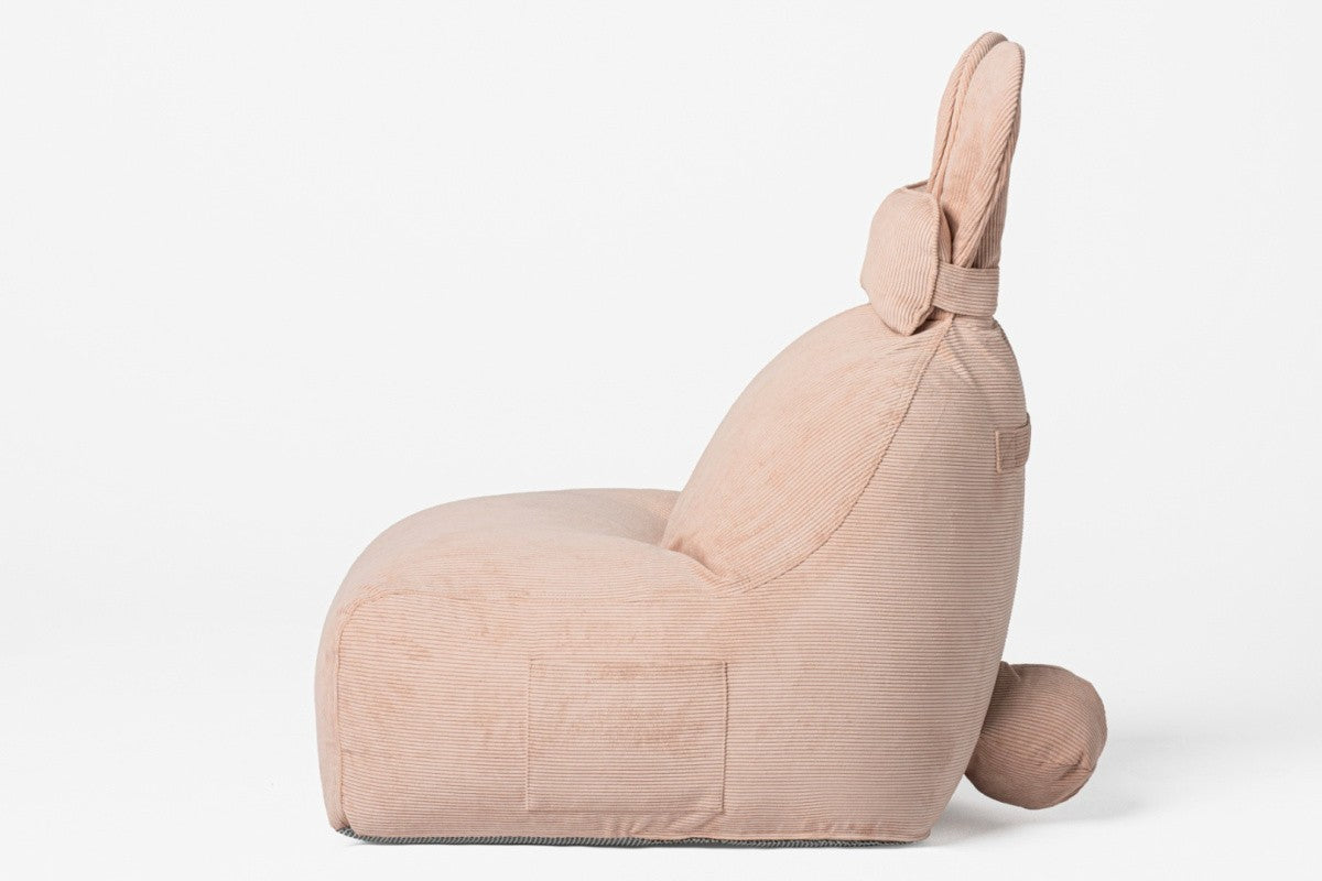 Designer sittpuff / sittsäck med ryggstöd FUNNY BUNNY - manchestertyg rosé