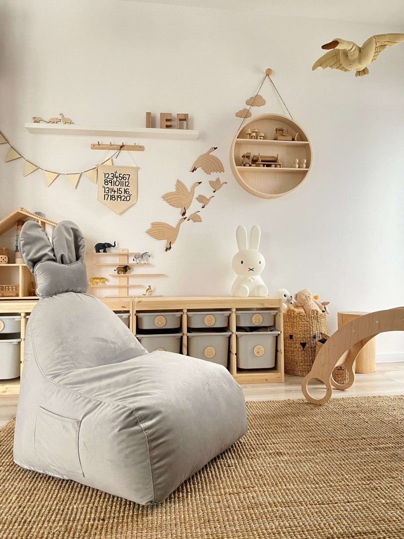 Designer sittpuff / sittsäck med ryggstöd FUNNY BUNNY - Sammet Light Grey