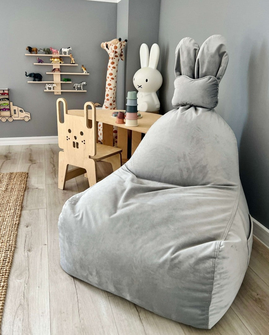 Designer sittpuff / sittsäck med ryggstöd FUNNY BUNNY - Sammet Light Grey