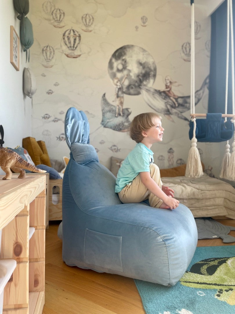 Designer sittpuff / sittsäck med ryggstöd FUNNY BUNNY - Sammet Blue