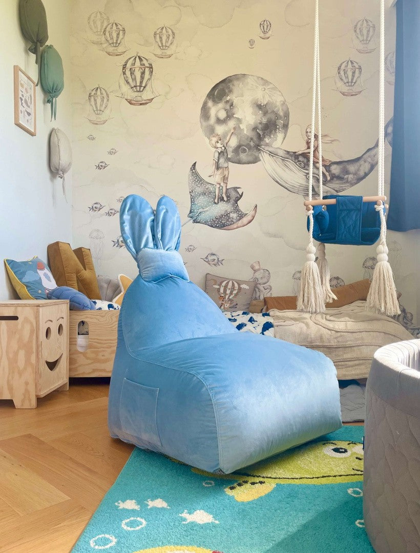 Designer sittpuff / sittsäck med ryggstöd FUNNY BUNNY - Sammet Blue