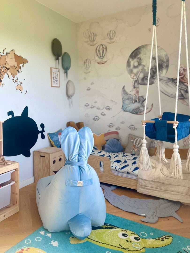 Designer sittpuff / sittsäck med ryggstöd FUNNY BUNNY - Sammet Blue