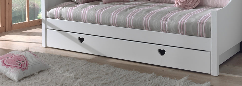 Amori Set le meilleur. aus Himmelbett 90 x 200 cm mit Lattenrost, Bettschublade und Textilschals, Ausf. MDF blanc laqué