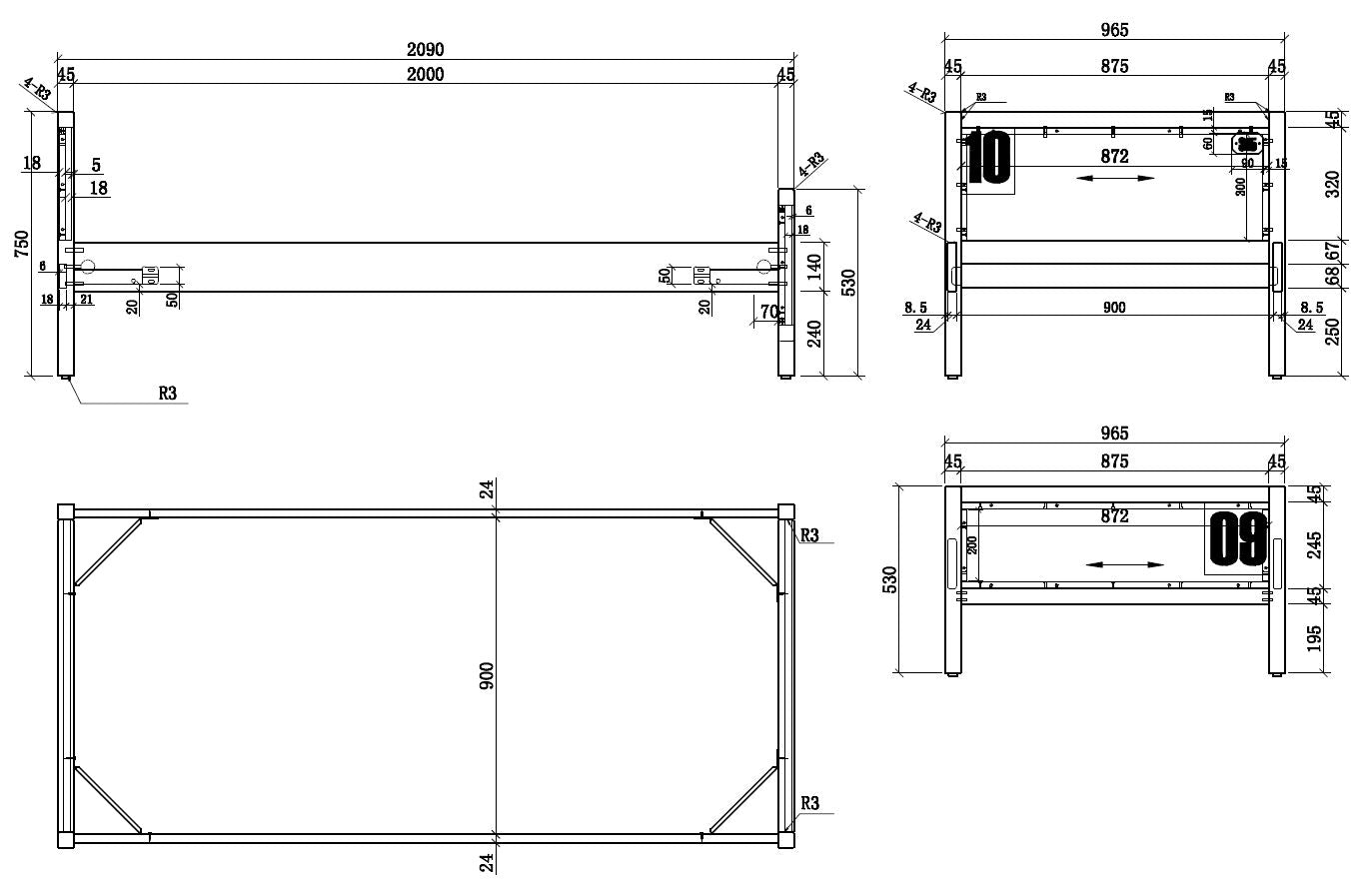 Alex Set bestehend aus Einzelbett 90 x 200 cm mit Lattenrost und Bettschublade, Ausf. Kiefer gebürstet Rahmen schwarz