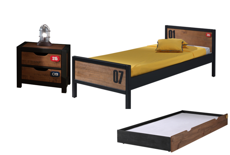 Alex Set le meilleur. aus Einzelbett 90 x 200 cm mit Lattenrost, Bettschublade und Nachtkonsole, Ausf. Kiefer gebürstet Rahmen noir