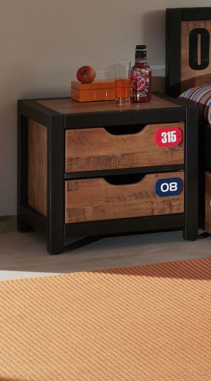 Alex Set bestehend aus Einzelbett 90 x 200 cm mit Lattenrost und Nachtkonsole, Ausführung Kiefer gebürstet Rahmen schwarz 