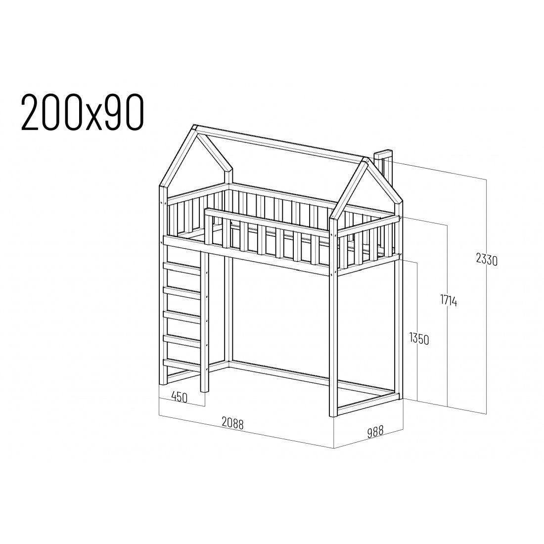 Arthur loft bed - front entrance 135 cm under the bed