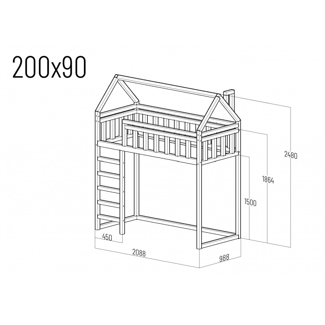 Arthur loft bed - front entrance 150 cm under the bed