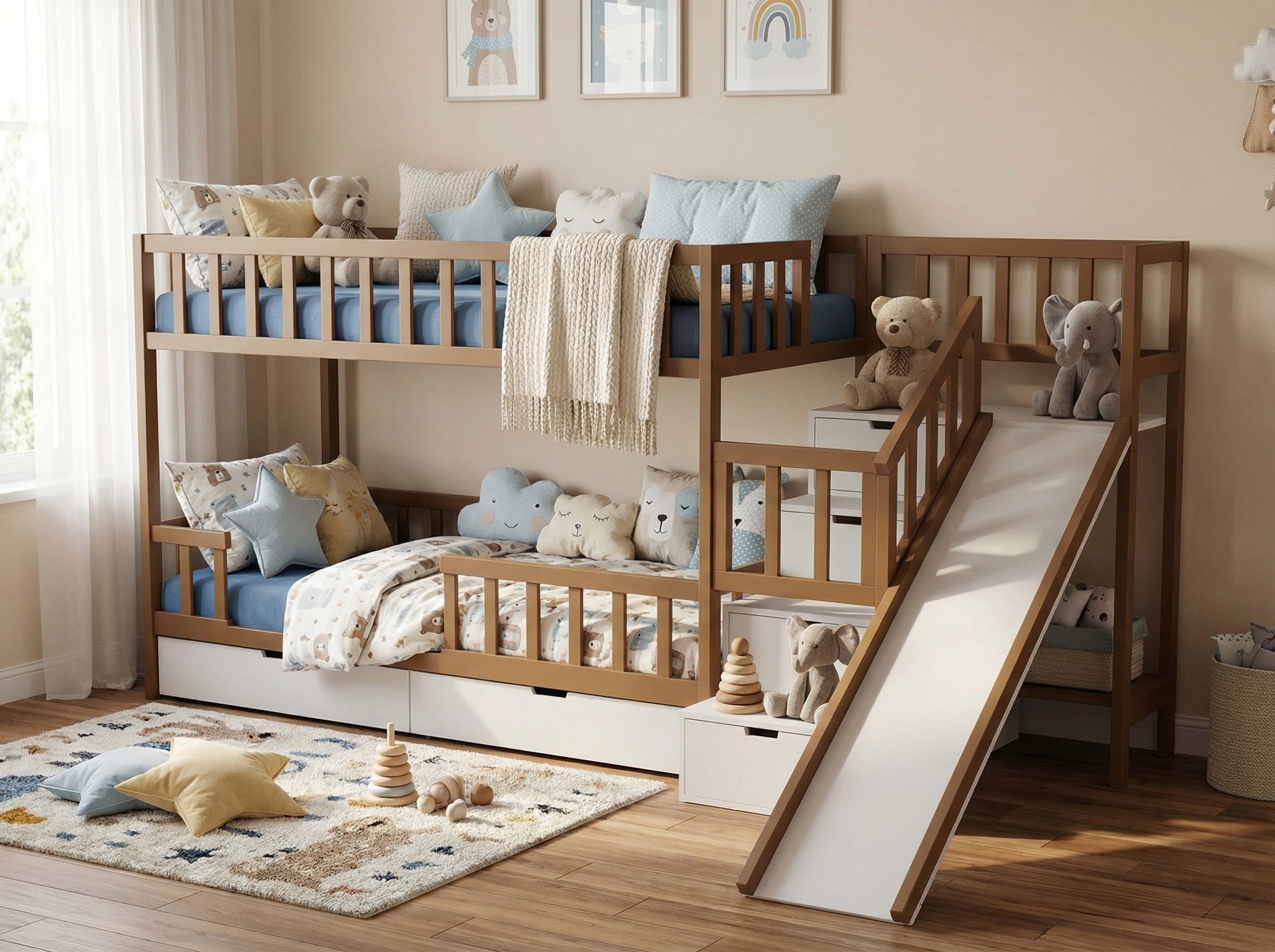 Skandinavisches Hochbett IZZY mit Rutsche und Treppe