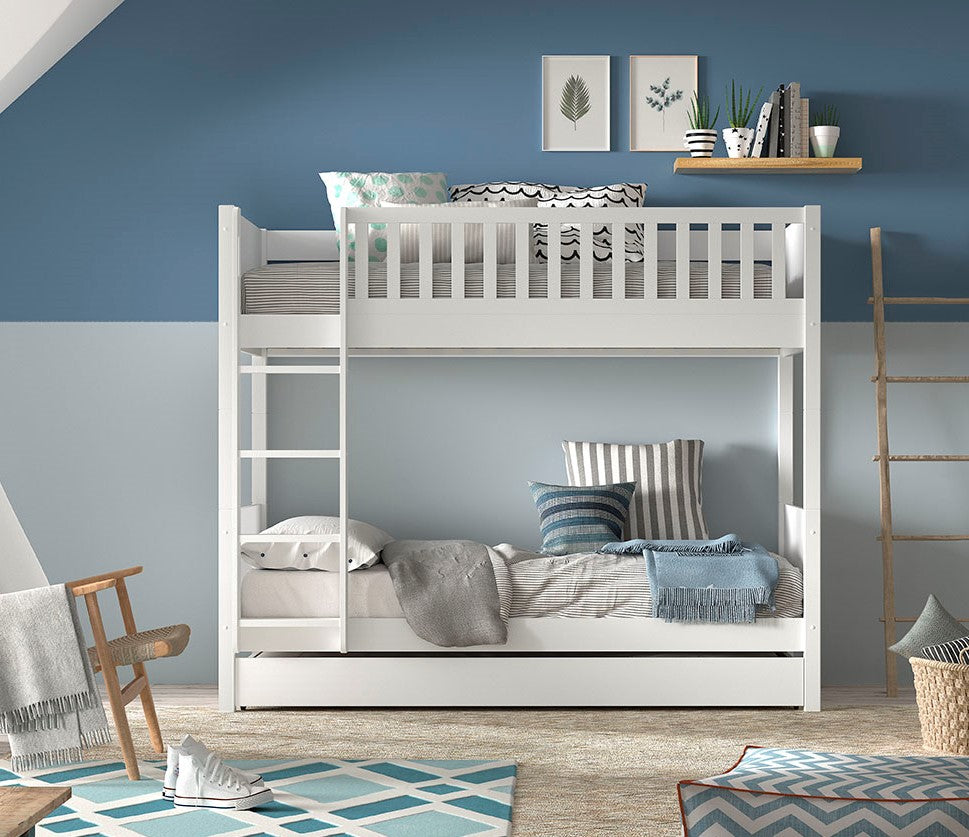 SCOTT våningssäng med 2 liggytor 90 x 200 cm, inklusive ribbottnar och stege VIT