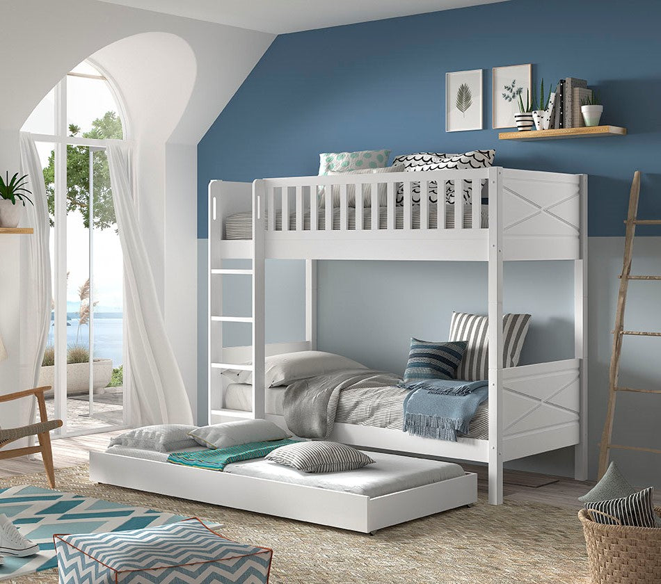 SCOTT våningssäng med 2 liggytor 90 x 200 cm, inklusive ribbottnar och stege VIT