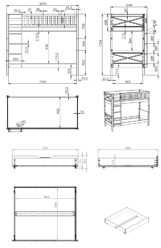 SCOTT bunk bed with 2 lying surfaces 90 x 200 cm, including slatted frame and ladder WHITE