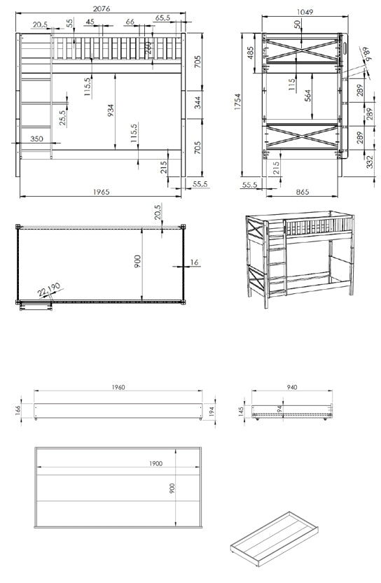 SCOTT bunk bed with 2 lying surfaces 90 x 200 cm, including slatted frame and ladder WHITE