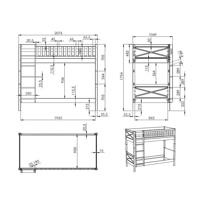 SCOTT bunk bed with 2 lying surfaces 90 x 200 cm, including slatted frame and ladder WHITE