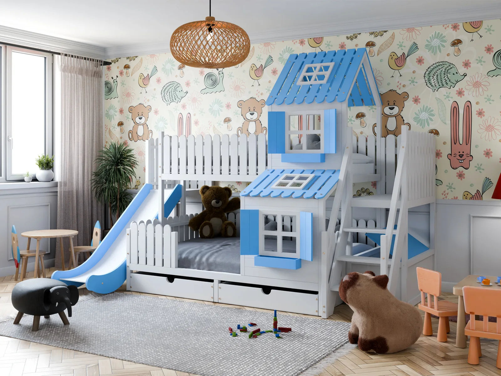 Unik våningssäng / familjesäng TINA med rutschkana och trappa