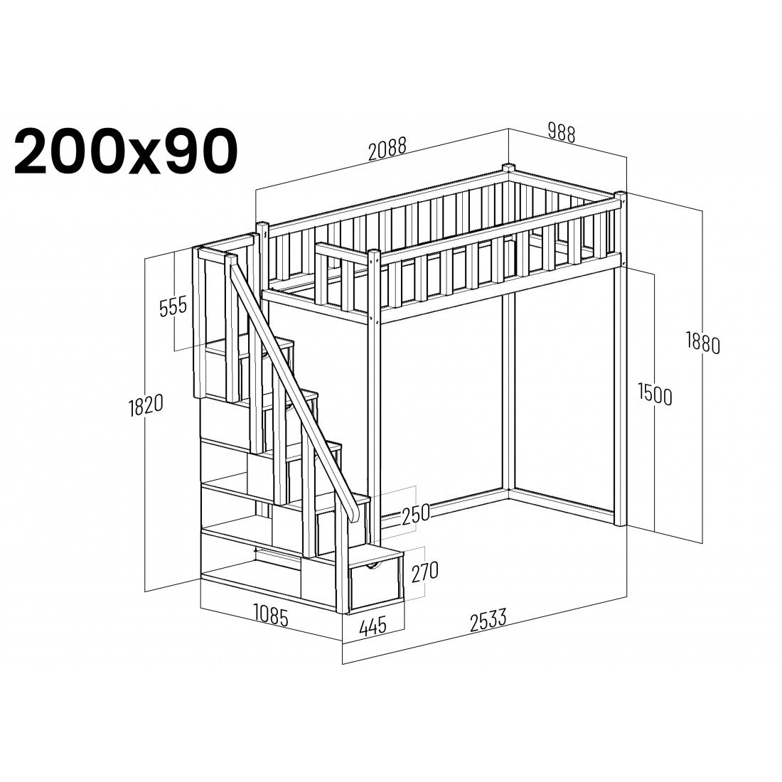 Filip loft bed with steps - side entrance 150 distance under the bed