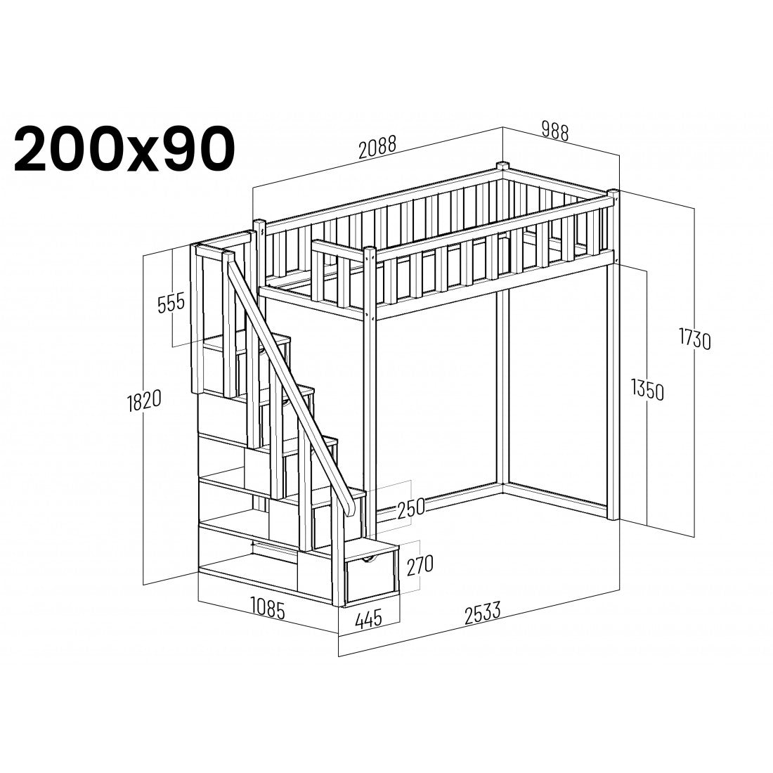 Filip Loftbett mit Stufen - Seiteneingang 135 cm unter dem Bett