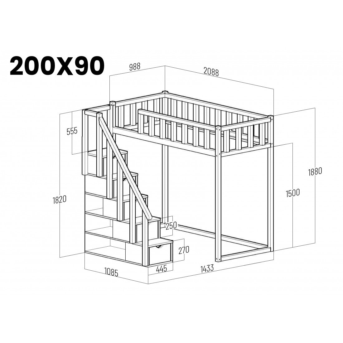 Filip loft bed with steps - front entrance 150 cm distance under the bed