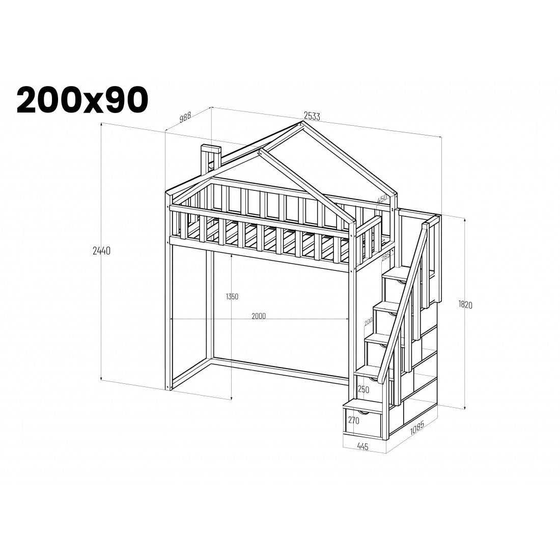 Starlight Loftbett mit Stufen - Seiteneingang 135 cm unter dem Bett