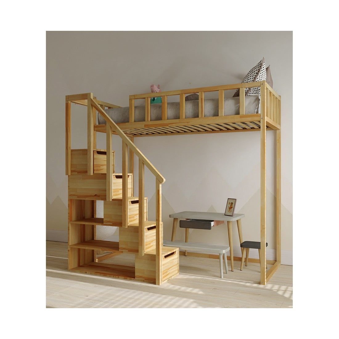 Filip loft bed with steps - front entrance 150 cm distance under the bed