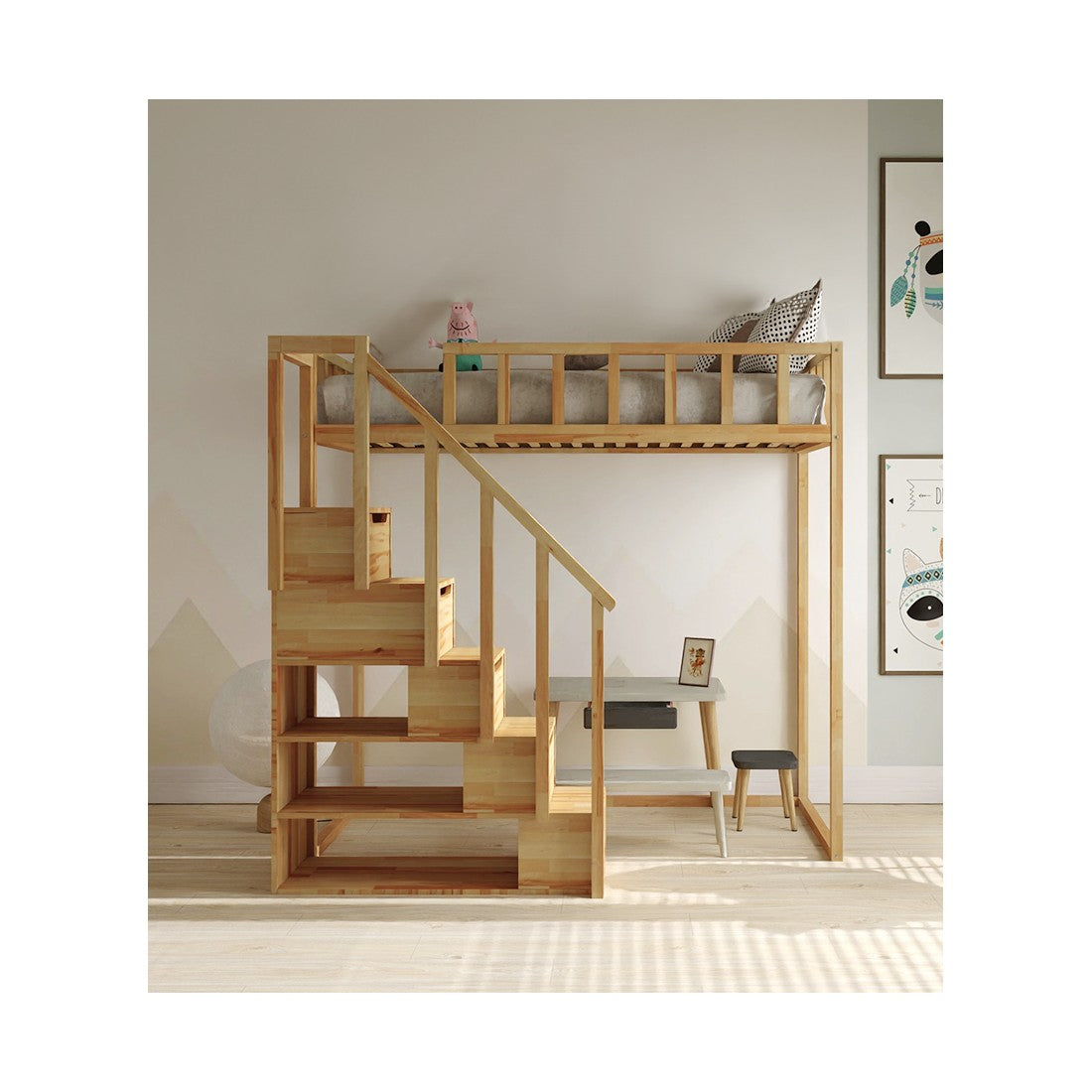 Filip loft bed with steps - front entrance 150 cm distance under the bed