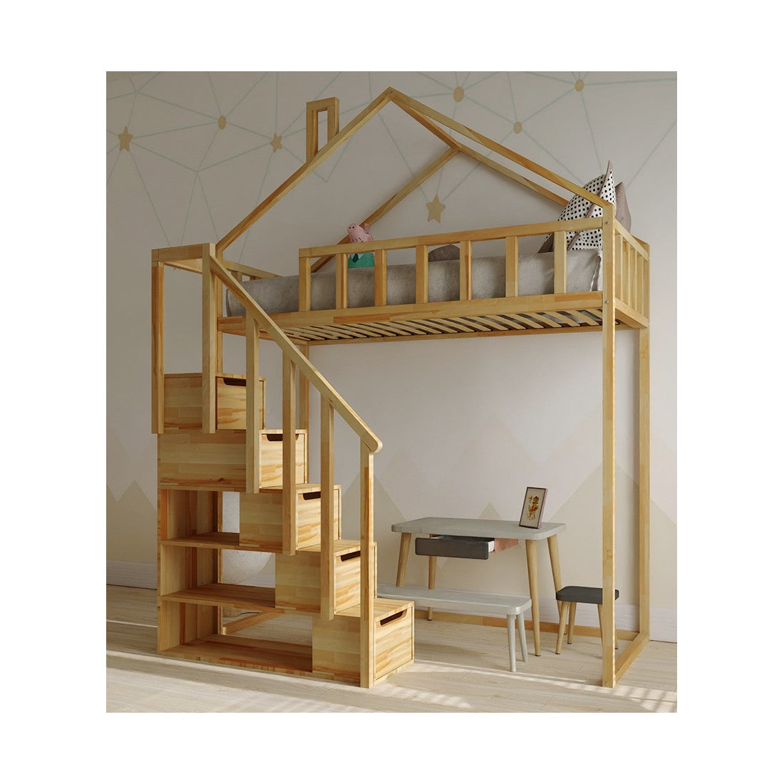 Starlight loft bed with steps - front entrance 135 cm distance under the bed