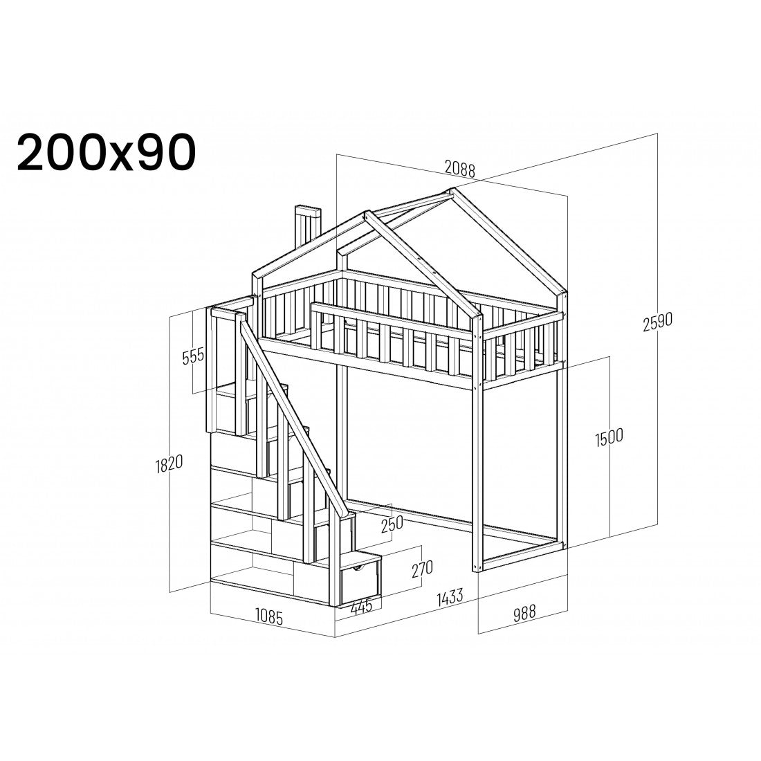 Starlight Loftbett mit Stufen - Vordereingang 150 cm unter dem Bett