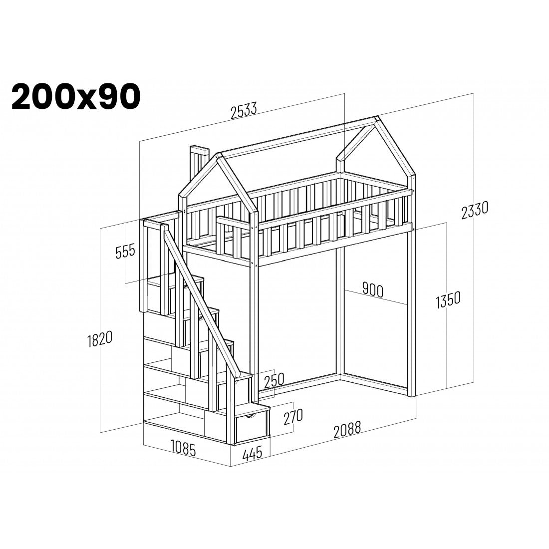 Starlight loft bed with steps - side entrance 135 cm distance under the bed